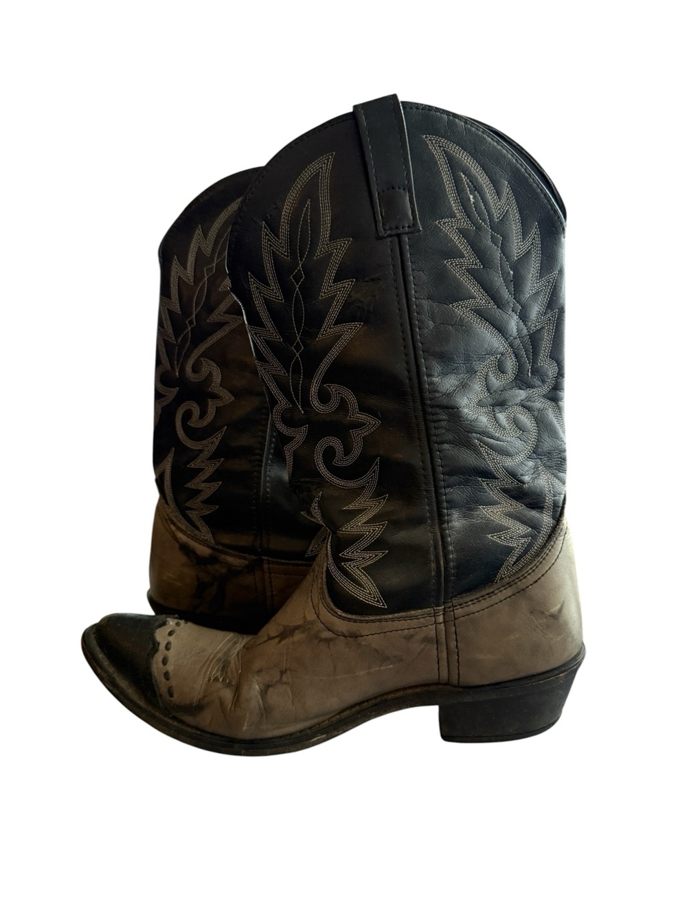 Vintage Laredo Men’s 12D Two Tone Leather Cowboy Western Boots Black Tan Cap Toe - Picture 6 of 9